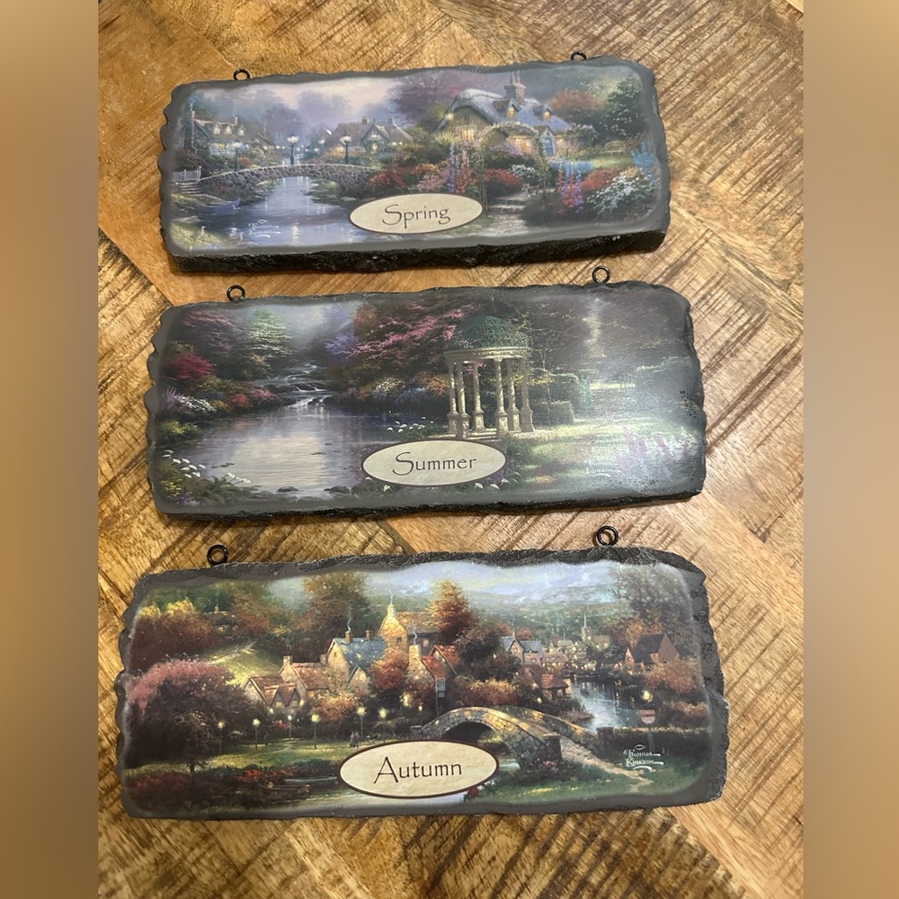 Seasons of Joy Thomas Kinkade 3 Welcome Season Plaques Summer Fall Autumn Boxed